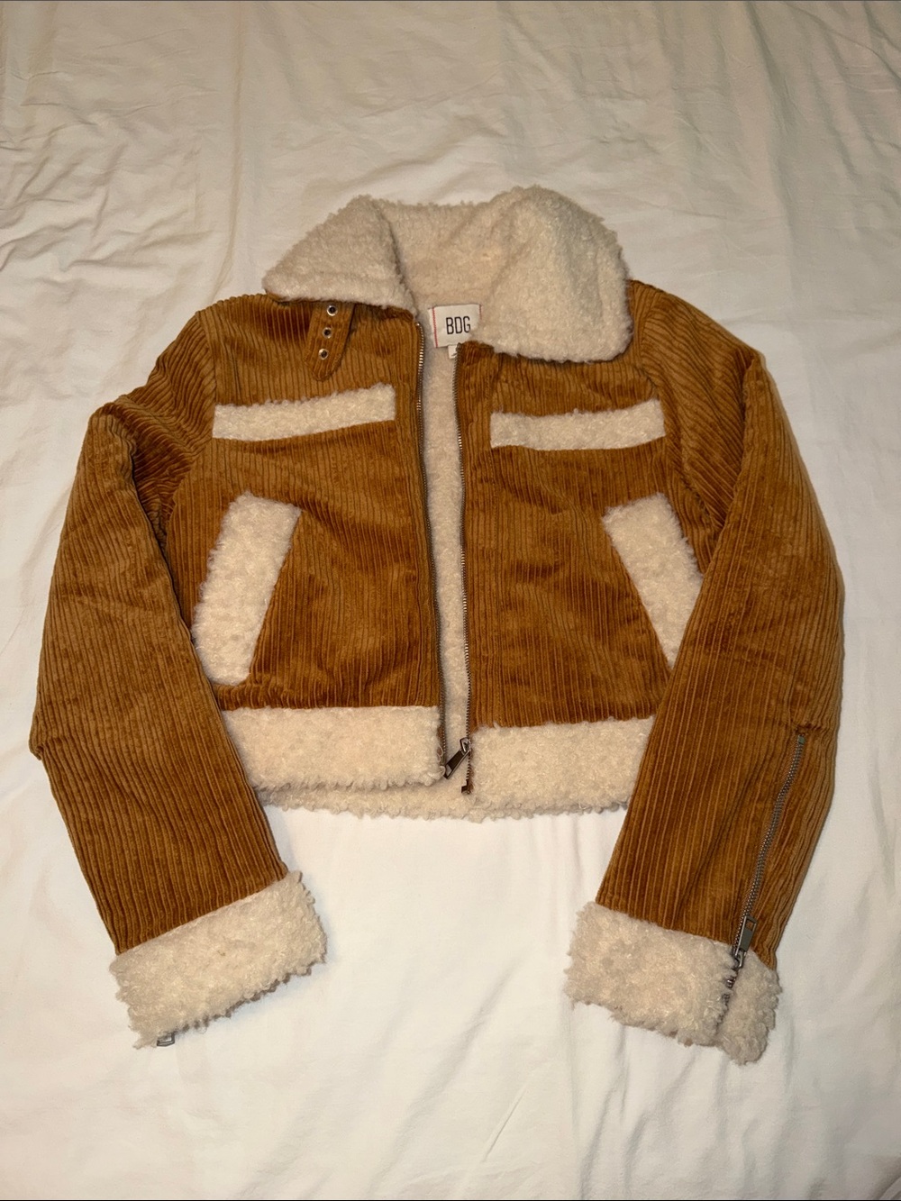BDG Corduroy Shearling-Lined Cropped Jacket in Camel and Cream